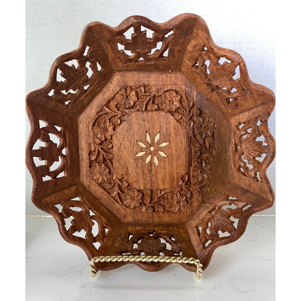 Vintage Hand Carved Octagonal Wood Floral Bowl Inlaid Star Farmhouse Cottage